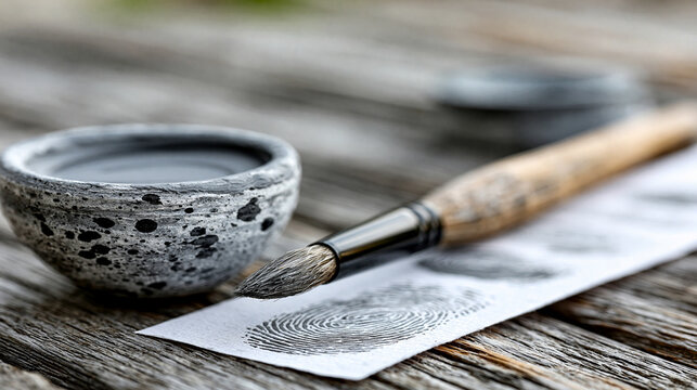 Minimal vertical column of neutral fingerprints on white paper with pen brush and wax cup on wooden desk as clean forensic or security background with copy space, forensic