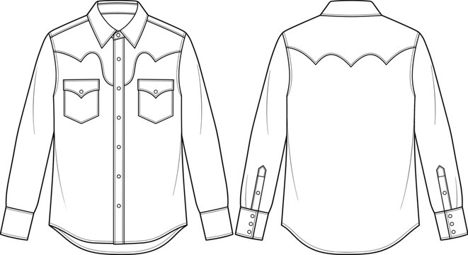 Men western shirt with snap buttons chest pockets and yokes technical flat fashion sketch front and back vector