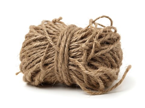 Large ball of rough brown jute twine isolated on a clean and bright white background