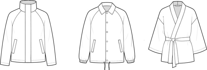 Outerwear collection technical flat fashion sketch featuring windbreaker coach jacket and kimono wrap top vector illustration © uzzala
