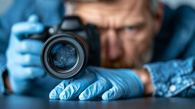 Faceless forensic photographer documenting fingerprint evidence with macro lens and portable ring flash on dark surface before powder dusting, forensic documentation concept,