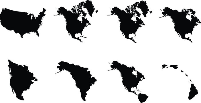 North America and USA map silhouette vector set featuring various continental geographical outlines isolated on white background