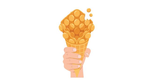 Hand holding a delicious golden Hong Kong bubble waffle cone with a bite taken out
