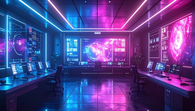 Futuristic neon lit computer laboratory interior.