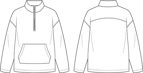 Unisex quarter zip sweatshirt with stand collar and front pouch pocket technical flat fashion sketch vector illustration template © uzzala