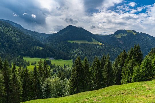 Bregenz forest in Austria on a cloudy summer day. alpine farmhouse under a tightrope under changing weather. holiday destination for hiker and climber and in winter skiing