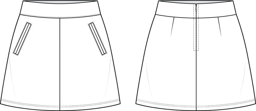 Women A-line mini skirt with front zip pockets and high waist technical flat fashion sketch vector illustration template