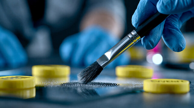 Faceless forensic investigator in gloves carefully dusting glass surface for fingerprints with brush between yellow evidence markers in meticulous crime scene examination,