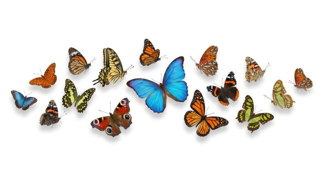 A vibrant collection of butterflies showcasing a spectrum of colors and patterns, spread across a clear surface. This arrangement highlights the delicate beauty and diversity of these winged insects