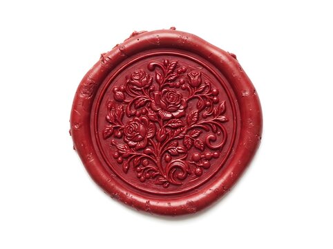 Intricate red wax seal featuring a detailed rose floral pattern isolated on a white background