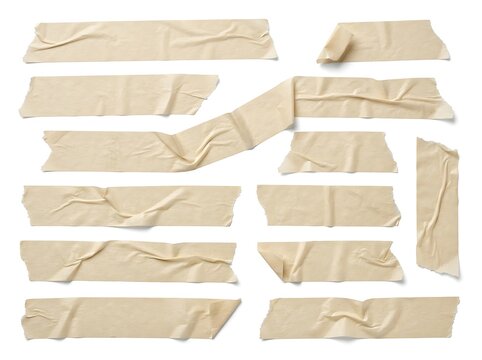 Collection of beige masking tape strips featuring wrinkled textures isolated against a solid white studio background