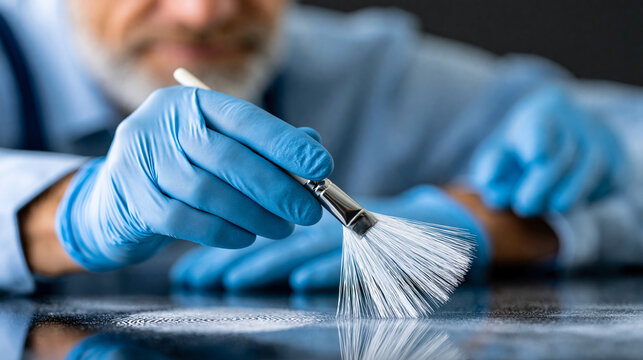 Faceless forensic investigator wearing blue latex gloves using white brush to dust for latent fingerprints on dark glossy surface, evidence collection concept, forensic