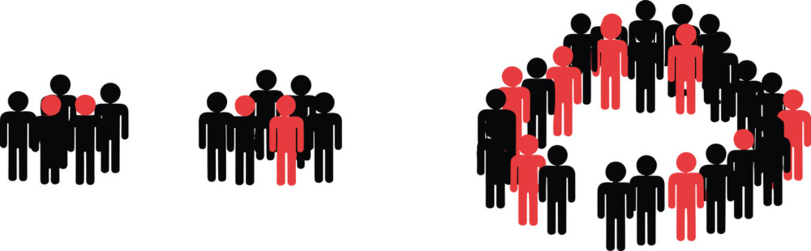 Crowd of people icon vector set featuring red and black stick figure groups in clusters and circle formation isolated on white background
