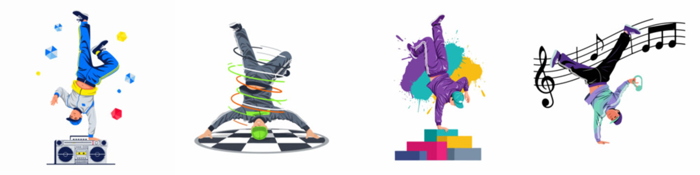 Set of breakdancer illustrations featuring young men performing dynamic hip-hop dance moves like handstands and headspins in colorful urban styles.