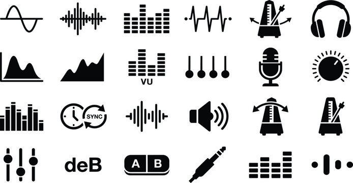 Audio engineering and sound production black solid icon set for music recording and mixing studio