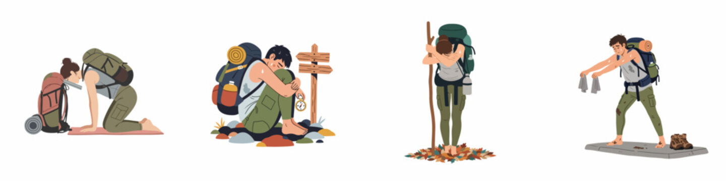 Set of illustrations showing exhausted and tired hikers carrying heavy backpacks and struggling during their outdoor adventure journey.