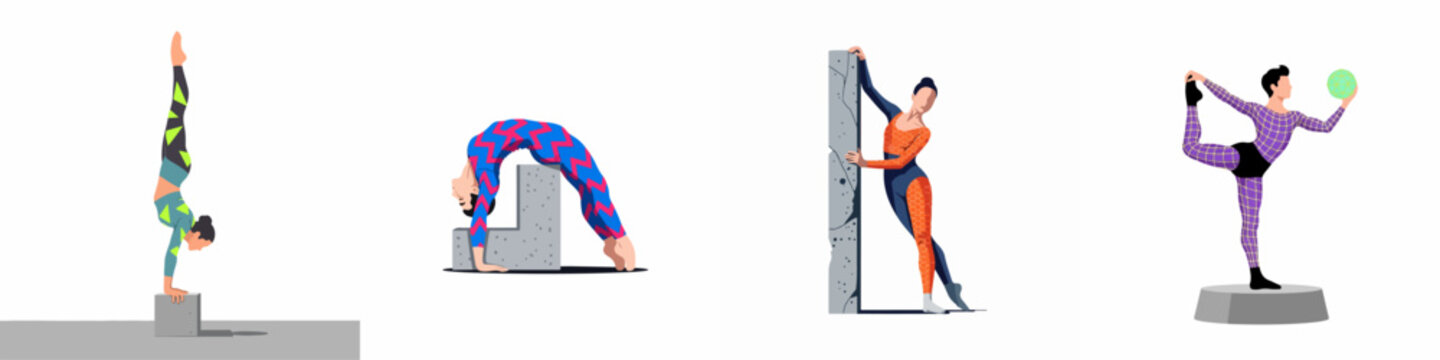 Set of stylized vector illustrations showing acrobats and gymnasts in dynamic poses with colorful patterned outfits on minimalist architectural elements.