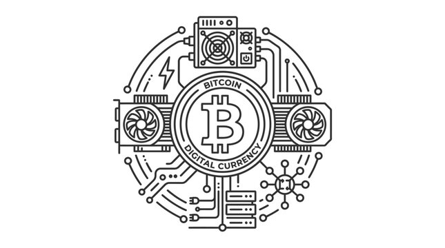 Minimalist line art illustration of a bitcoin coin with computer hardware mining components.