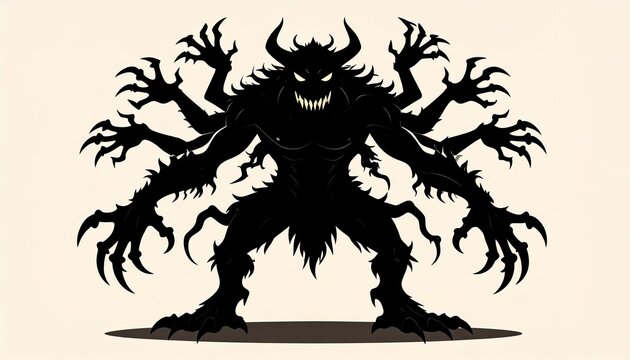 Dark monster silhouette roaring in shadow. Sinister creature vector graphic with sharp claws and horns for horror designs.