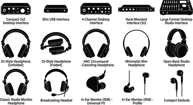 Collection of black silhouettes featuring audio recording interfaces and professional studio headphones for sound design projects