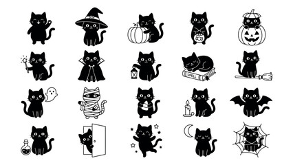 Obraz premium Mummy Wrap Black Cat Costume Vector Illustration Silhouette Set with Pumpkin Bat Wing and Spider Web Design