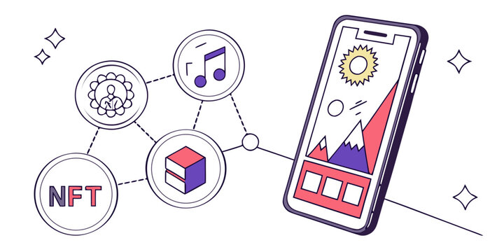 Nft and digital content connected to smartphone displaying mountain landscape with various icons representing different types of digital assets peer to peer smartphone mountain landscape exchange