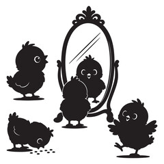 Cute baby chick silhouette collection, little chicken characters looking in mirror and eating, black bird vector icons for farm and Easter design © Madaheen