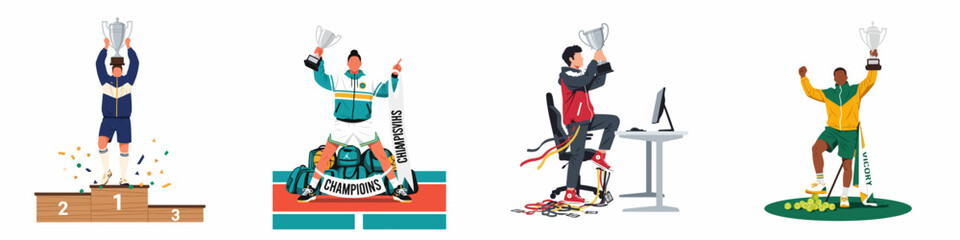 Set of diverse athletes and an esports player celebrating victory and championship with silver trophies and medals in flat vector style.