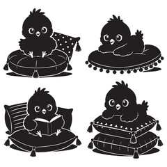 Cute bird silhouette collection, 4 cartoon chick characters on soft pillows, black and white baby bird vector set for nursery decor and stickers © Madaheen