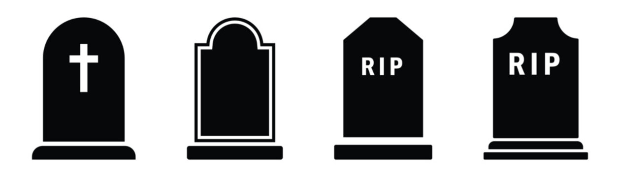 Simple design gravestone headstone memorial cemetery silhouette isolated on white background. Vector gravestone sign used for background permanent deletion, game over screens, and Halloween branding.