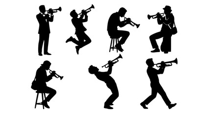 Professional jazz brass band trumpet player vector silhouette set featuring musicians in creative sitting walking and bending performance poses isolated on white. © Josna