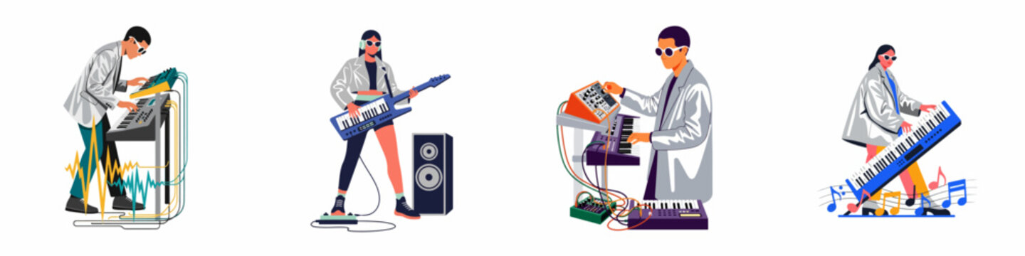 Flat vector illustration set of electronic musicians playing synthesizers and keytars on a white background.