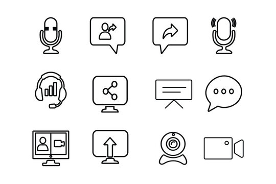 Vector line art icons set featuring microphones, webcam, headsets, and speech bubbles for digital business communication and remote video meetings.