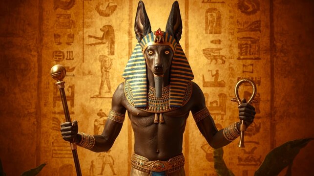 Ancient Egyptian god Anubis stands sternly