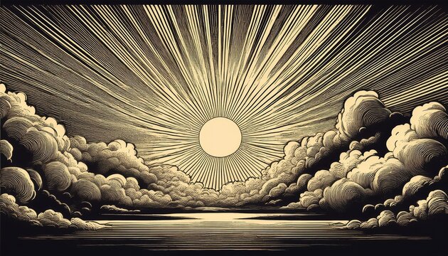 Vintage Engraving Of Sun Rays Breaking Through Clouds In Atmospheric Scene For Design