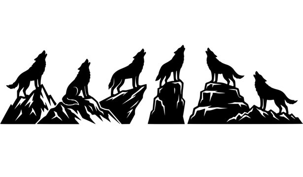 Howling wolf silhouette vector set featuring wild wolves standing on rocky mountain peaks and stones isolated on a white background.