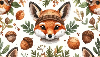 Fototapeta premium Cute cartoon fox head seamless pattern for autumn designs. Whimsical woodland animal print with acorns and pine sprigs for fall decor.