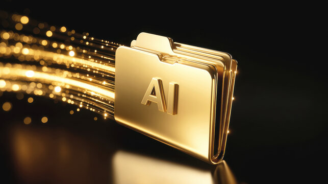 Golden folder with AI letters and streaming light trails conveying advanced artificial intelligence data transfer and luxury tech aesthetic