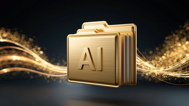 Golden AI folder icon floating against dark background with glowing light trails, luxurious digital technology concept