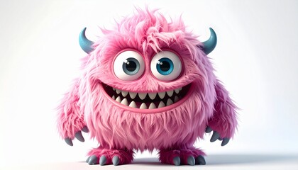 Obraz premium Fluffy pink monster character with horns smiling. Cute 3D cartoon creature mascot for kids' branding and playful designs.