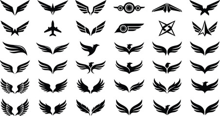 Obraz premium Collection of wings, eagle silhouettes, and aviation logos for graphic design