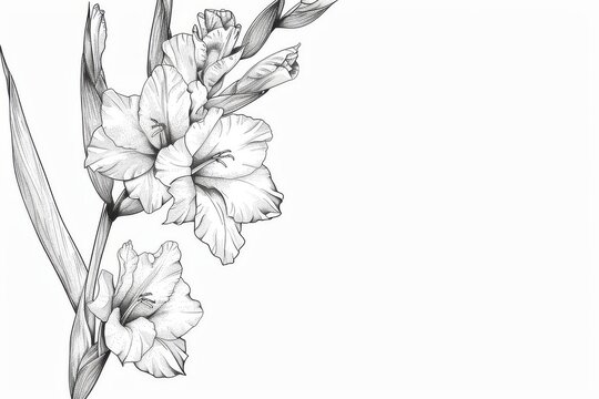 Beautiful line art illustration of a single gladiolus flower, monochrome outline illustration
