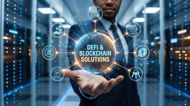 DeFi and blockchain solutions presented by businessman in server room, decentralized finance and cryptocurrency technology concept, secure digital assets and fintech innovation ...