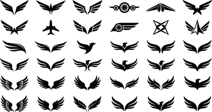Collection of wings, eagle silhouettes, and aviation logos for graphic design