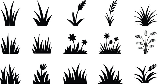 Green grass tuft and field flower silhouette vector set featuring wild plant stems isolated on a white background