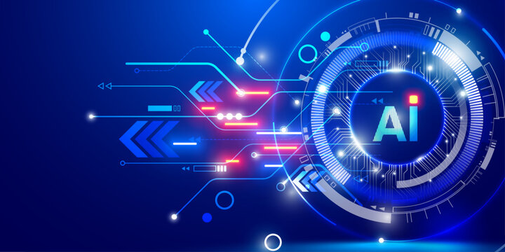 Abstract artificial intelligence background with digital circuitry and blue neon light elements.