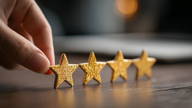 Human hand placing a shiny textured gold star in a row of stars on a wooden desk. Customer feedback rating process.
