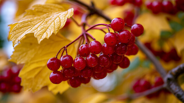 Close up of ripe scarlet viburnum berries glowing among brilliant yellow autumn foliage, delicate branches bending under the weight of the fruit, soft natural background bokeh, beautiful fall harves