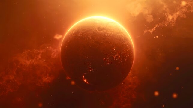 Golden sun glows behind a fiery planet