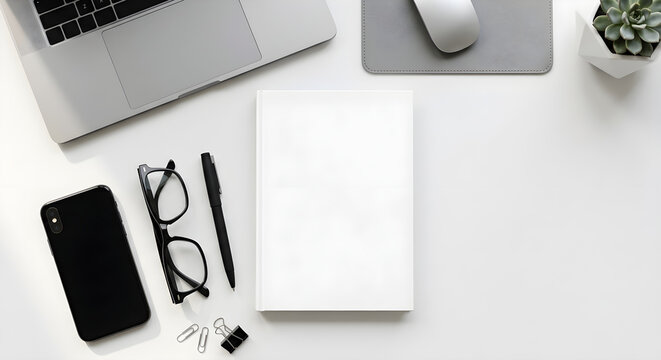 Minimalist workspace flat lay with a blank white book mockup, laptop, smartphone, glasses, and office stationery on white background